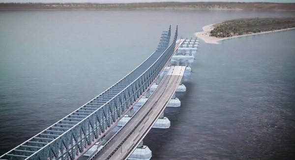 Первый из трех рабочих мостов для строительства перехода через Керченский пролив уже готов